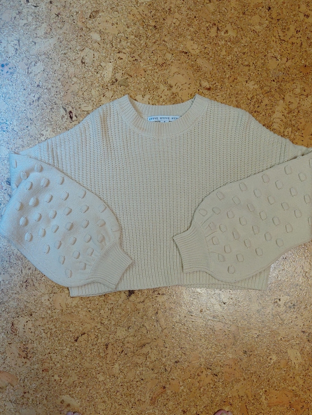 Hyfve Women's Cream Cropped Knit Sweater With Popcorn Sleeves Size S